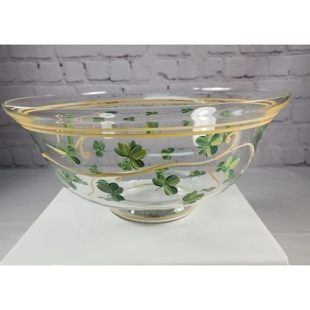 Beautiful Large Hand Painted Bowl w/ Green Shamrocks Great Decor or Dinnerware